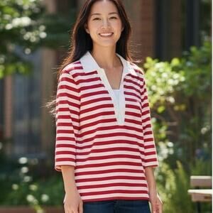 Kim Rogers M Top ❤️ Red White Stripe Cotton Casual 3/4 Sleeve Preppy Vibe